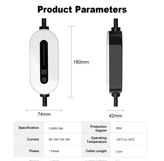 Bar2Charge A8 Pro Taşınabilir Ev Tipi Şarj Cihazı Type 2 3.7 kW 1 Faz 8-16A Ayarlanabilir Akım LCD Ekranlı IP66 (5 Metre)